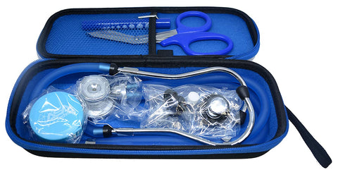 Dual Head Stethoscope with Matching Storage Case, Trauma Shears, Pen light, and Measuring Tape Blue Nurse Kits