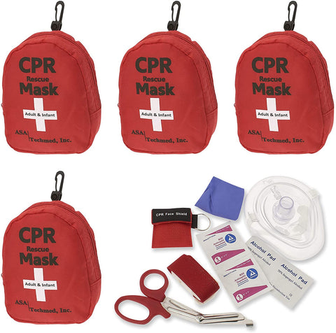 CPR Rescue Mask, Pocket Resuscitator with One Way Valve, Scissors, Tourniquet, Gloves, Wipes 4-Pack