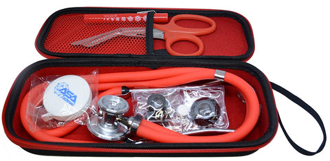 Dual Head Stethoscope with Matching Storage Case, Trauma Shears, Pen light, and Measuring Tape Red Nurse Kits