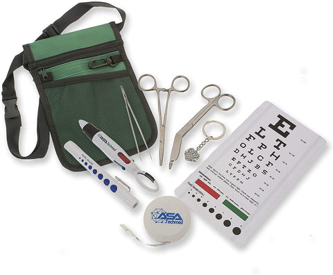 ASA Techmed Medical Utility Pouch Kit w/Snellen Eye Chart, Straight Hemostat Forceps, Lister Bandage Scissors, Tissue Forceps, Penlight, Tape Measure, 4 Color Pen + Keychain (Green) Green Nurse Kits