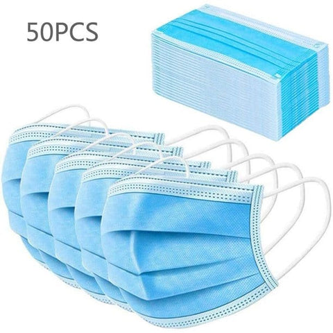 50-Pack Disposable Face Masks 3-Ply with Ear Loops, Single Use, Non Woven 50 Boxes PPE Essentials